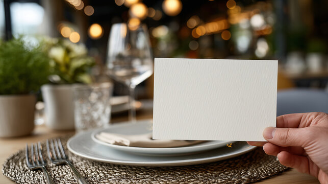 Menu mockup card held centrally over a five-star dining setting, complete with glass water goblet, textured placemat, and minimalistic flatware glinting under warm light