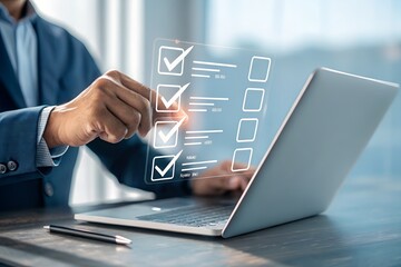 Digital feedback form interface, Businessman interacting with virtual online form. Perfect for customer feedback, survey UI, contact forms, digital onboarding, user experience in web applications.