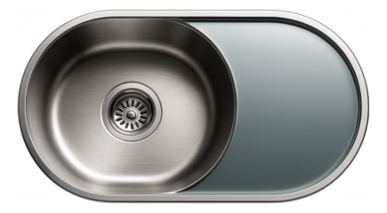 A single-bowl kitchen sink in a unique oval shape with a seamless glass drainboard, designed for a sleek urban apartment.