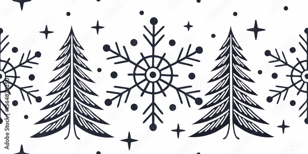 Poster horizontal seamless vector pattern border with trees and snowflakes