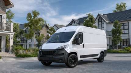 Futuristic electric delivery van under blue skies, parked in a quiet cul-de-sac with neatly kept suburban houses, representing a new era of zero-emissions logistics