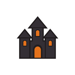 Flat haunted house icon with glowing windows, perfect for Halloween party invitation, spooky night decor, horror story illustration, and creepy digital designs