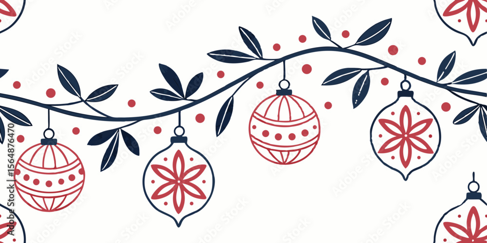 Poster horizontal seamless vector pattern border with festive ornaments and leaves