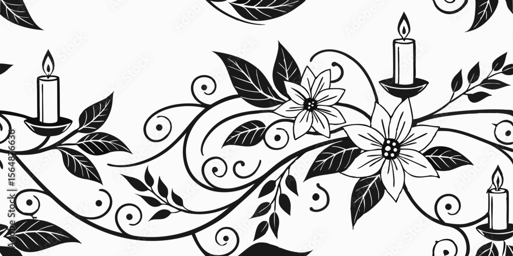 Poster horizontal seamless vector pattern border with candles and flowers