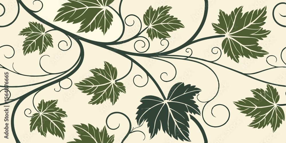 Poster horizontal seamless vector pattern border with green grape leaves
