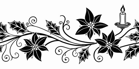 Horizontal seamless vector pattern border with candles and poinsettias  