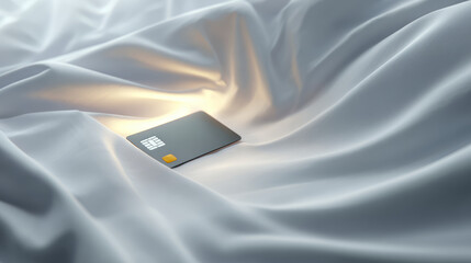 A credit card elegantly displayed on a flowing white fabric surface with a subtle lighting.
