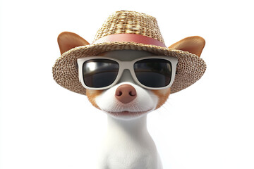 Stylish dog with straw hat and sunglasses on white background