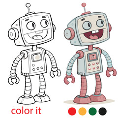 Playful Robots Party Coloring Page – Two Quirky Cartoon Robots Wearing Party Hats – Fun and Unique Kids Activity Printable