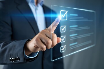Digital feedback form interface, Businessman interacting with virtual online form. Perfect for customer feedback, survey UI, contact forms, digital onboarding, user experience in web applications.