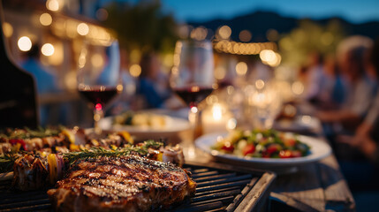 A rustic backyard barbecue party at twilight, flickering candle jars on the table, friends passing skewers and wine glasses, intimate, joyful moment captured in warm ambient light