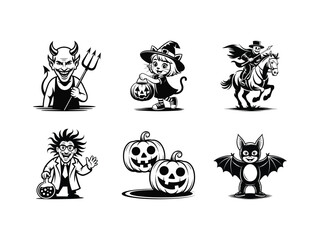 Obraz premium Halloween characters devil cat rider pumpkins scientist bat demon horns