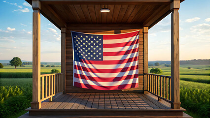 American Pride A Rustic Porch Displaying the United States Flag with a Serene Countryside Backdrop at Sunset