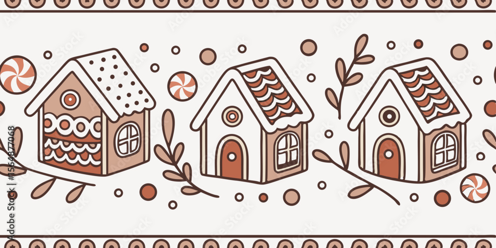 Poster gingerbread houses with decorative elements in horizontal seamless vector pattern border