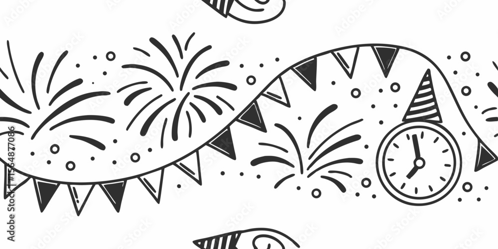 Poster horizontal seamless vector pattern border with fireworks and clock