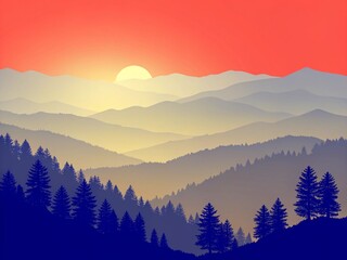 Obraz premium Sunrise over layered mountain ranges with pine trees in the foreground under a red and orange sky