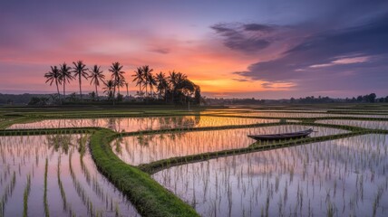 Obraz premium Tranquil Journey A Farmer's Boat on a Reflective Rice Paddy at Sunset