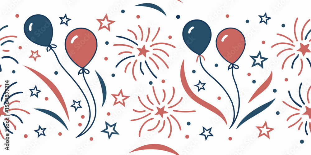 Poster colorful balloons and fireworks in a horizontal seamless vector pattern border