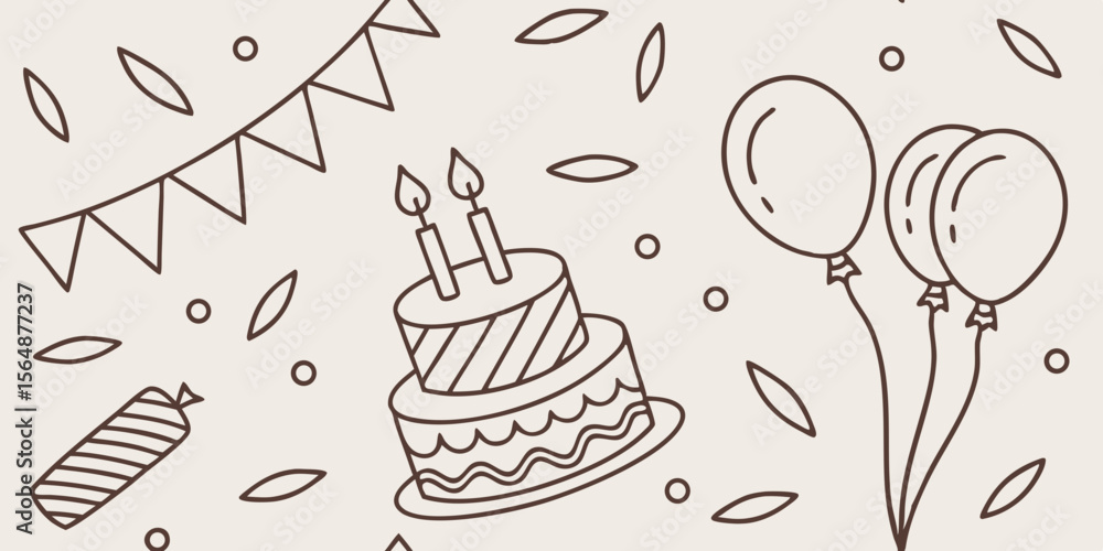 Poster horizontal seamless vector pattern border with birthday doodles