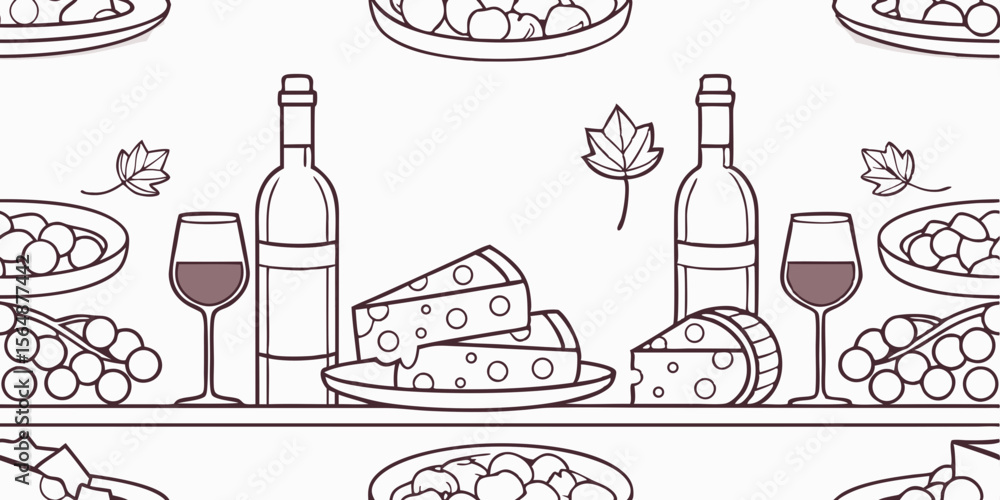 Poster horizontal seamless vector pattern border with wine and cheese