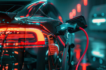 Power source for charging battery of beautiful hybrid electric car on road, abstract vivid composition consists of fictional unreal fantastic vision on background