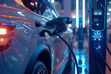 Power source for charging battery of beautiful hybrid electric car on road, abstract vivid composition consists of fictional unreal fantastic vision on background