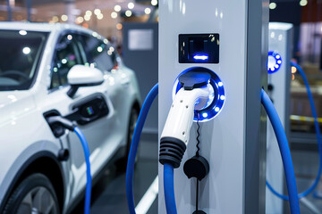 Power source for charging battery of beautiful hybrid electric car on road, abstract vivid composition consists of fictional unreal fantastic vision on background