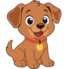 Cute Cartoon Puppy with Red Collar and Blue Eyes