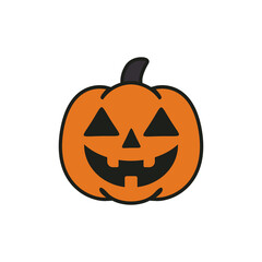 Flat vector of jack-o'-lantern pumpkin icon with carved smiley face, ideal for Halloween decorations, spooky party design, seasonal stickers, and cute horror themes
