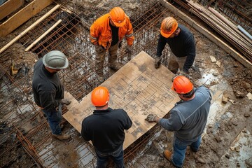 Teamwork in building construction: Project engineer and contractor reviewing the work plan with foremen and workers at the construction site, Generative AI