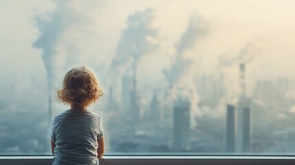 A child looks out the window at smokestacks polluting the air with smoke and environmental concerns rising