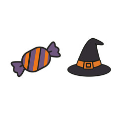 Halloween flat vector with purple candy and black witch hat, ideal for party decorations, clipart, trick-or-treat design, spooky icons, and kids Halloween content
