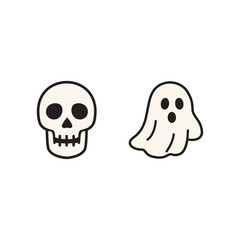 Halloween flat icon combo of skull and ghost in cartoon style, great for spooky party decor, digital clipart, printable materials, and seasonal children’s design