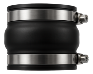 Flexible rubber coupling for connecting sewer pipes in home renovations, allowing for slight misalignments and providing a watertight seal.