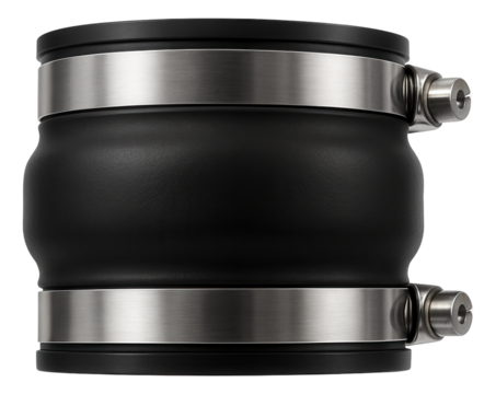 Flexible rubber coupling for connecting sewer pipes in home renovations, allowing for slight misalignments and providing a watertight seal.
