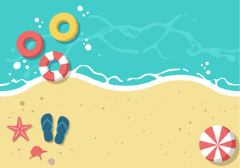 A vibrant summer beach scene viewed from above, featuring sandy shore, turquoise ocean waves, inflatable rings, flip-flops, starfish, and a beach umbrella for vacation relaxation.