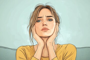 Muscle stiffness problem: Young woman rubbing her neck from pain due to work stress, sitting on the couch at home, Generative AI