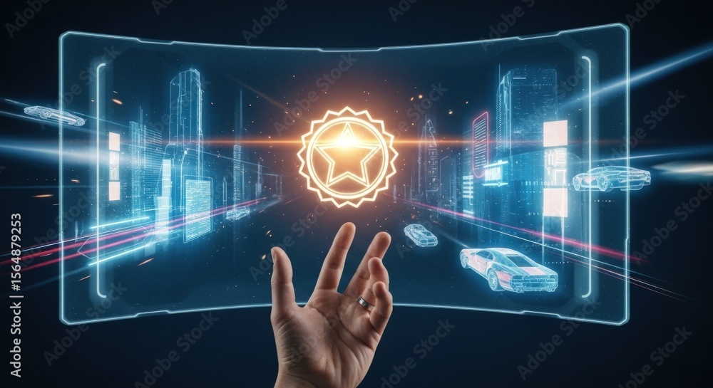 Poster digital cityscape with futuristic automobiles and interactive augmented reality elements