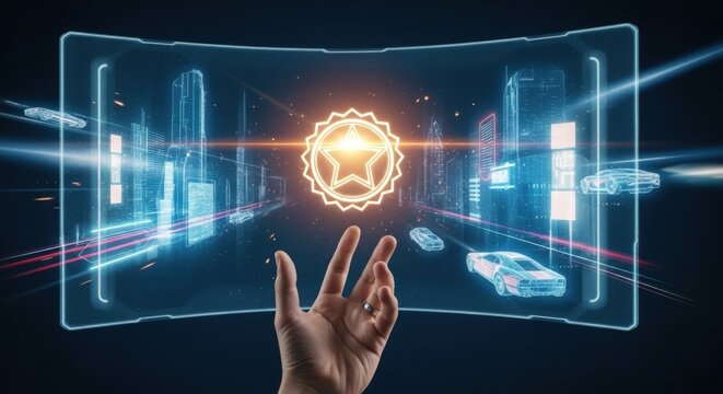 Digital cityscape with futuristic automobiles and interactive augmented reality elements - Powered by Adobe