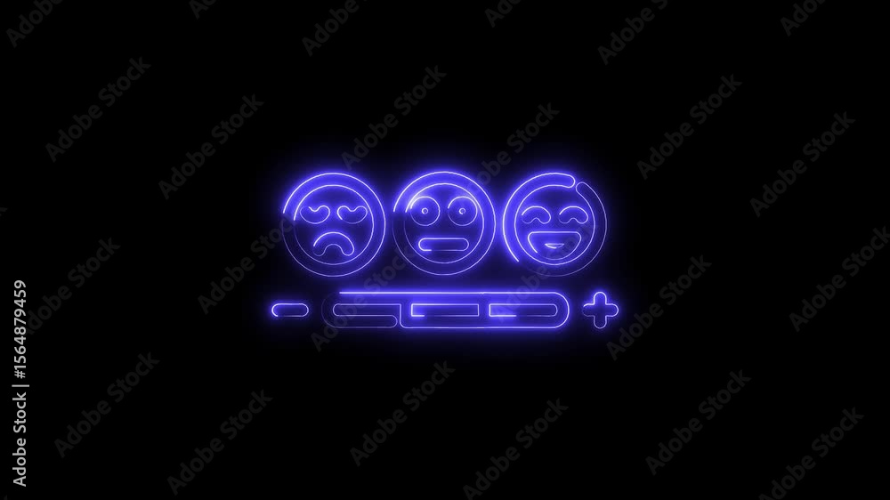 Poster neon emoji feedback slider animation with customizable customer satisfaction level on dark backdrop