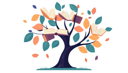 Tree with Book Leaves International Literacy Day Concept