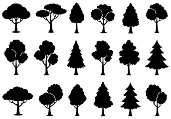 Collection of eighteen black silhouette tree icons, perfect for various design projects, including illustrations, logos, and web design, offering diverse shapes and styles for versatile use.