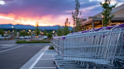Cluster of shiny silver shopping carts at the edge of a grocery store lot, dramatic sunset in the background creating a contrast of industry and nature