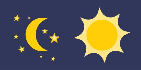 Simple flat icon sun and moon. Images of sun and moon with stars, isolated on blue night background. Vector elements