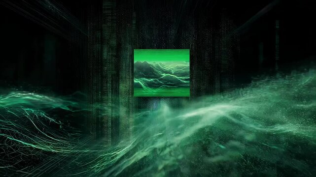 A dynamic composition showcasing a green screen centerpiece surrounded by cascading waves of static and digital artifacts where images appear to stretch and bend unnaturally with quick