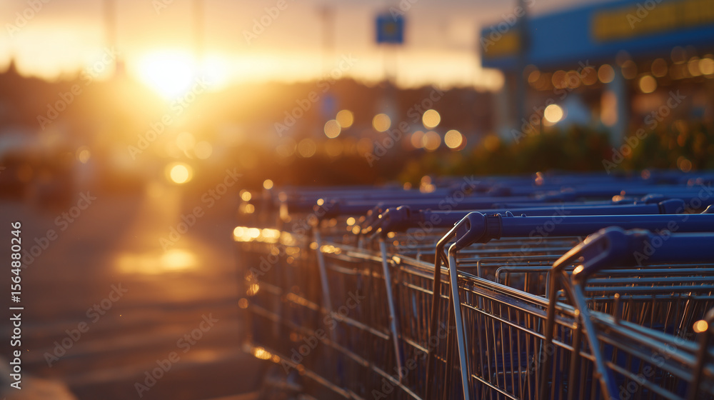 Poster rows of carts pushed together outside a busy store, warm light filtering between gaps, creating soft