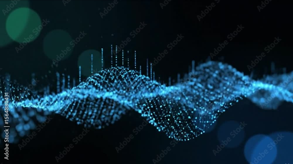Poster abstract technology wave data visualization with blue particles and bokeh