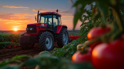 Vibrant tomato field stretches toward a glowing sun, red tractor resting near a patch of juicy tomatoes ready for harvest, rich earth and fresh green leaves framing the scene