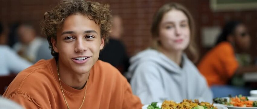 Young friends laughing and enjoying lunch together in a school cafeteria setting
