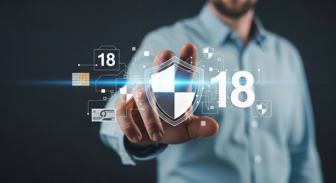 Man touching digital shield for secure identity verification process